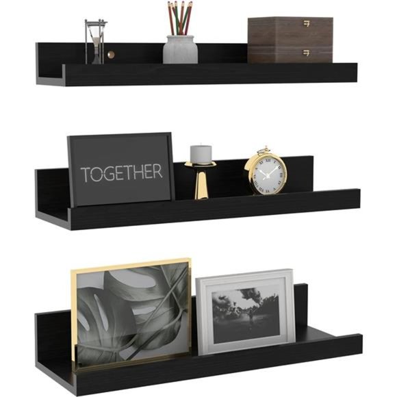 16 Inch Black Floating Shelves for Wall Mount, Woodgrain Wall Shelf Ledge